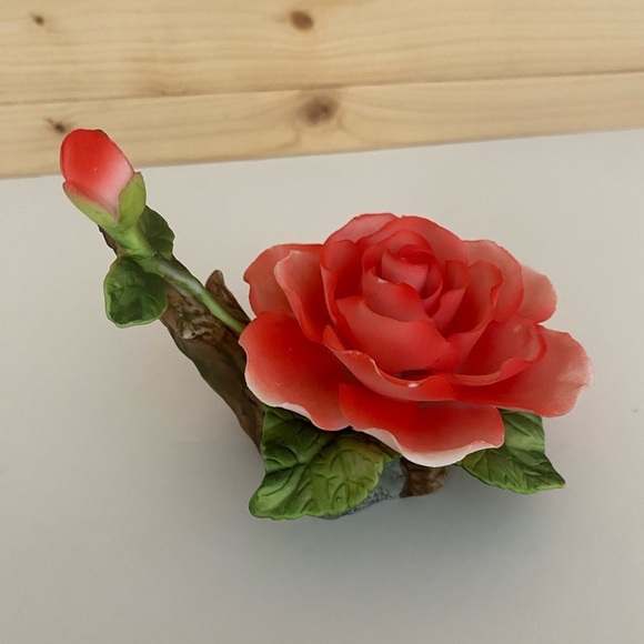 Vintage Coral Pink Porcelain Rose Figurine on Branch with Leaves Blooming Rose - Picture 3 of 9